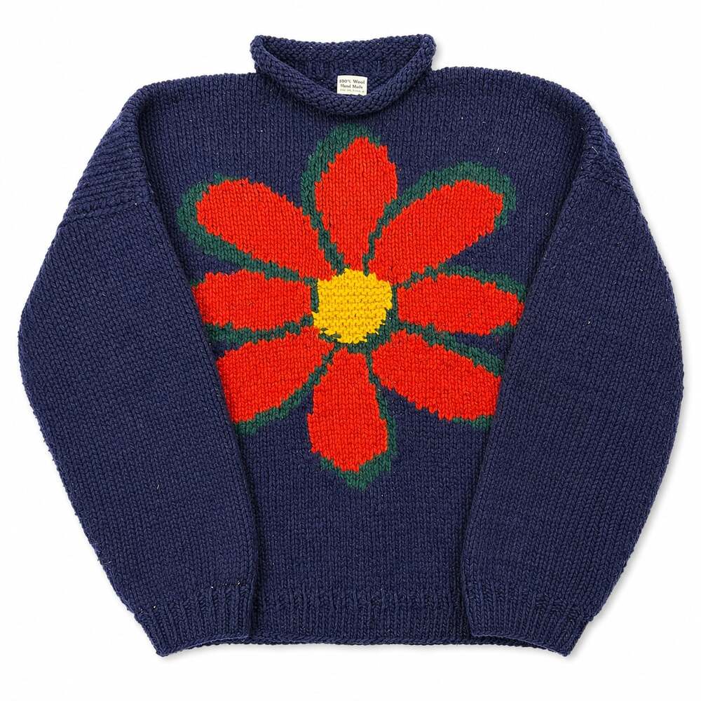 Vintage 1990s Amano Hand-Knit 100% Wool Navy Sunflower Turtleneck Sweater
